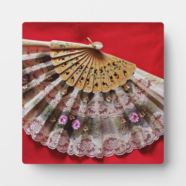 Ornate Hand Held Fan on a Red Background Plaque (Front)