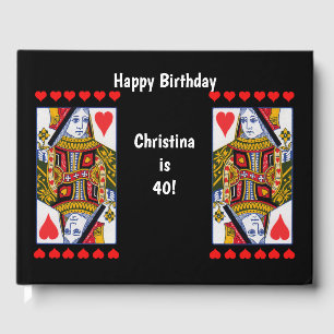 Ornate Happy Birthday Playing Card Heart Queens Guest Book