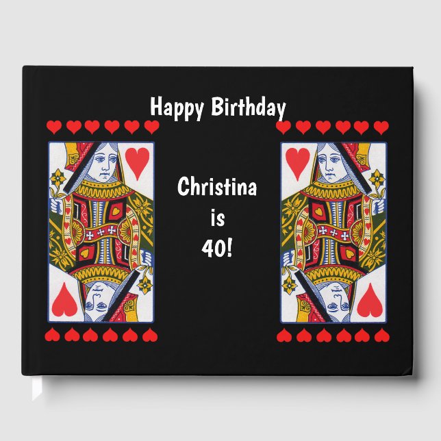 Ornate Happy Birthday Playing Card Heart Queens Guest Book (Front)