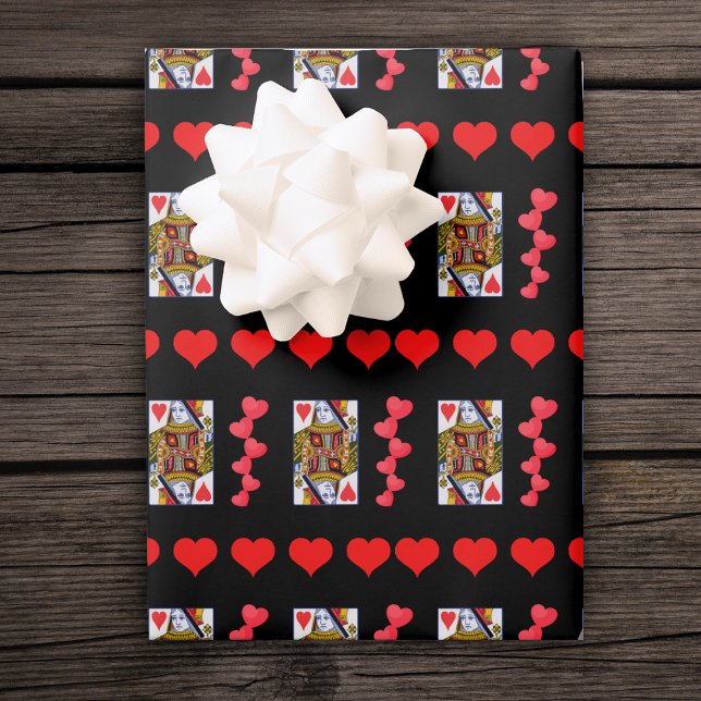  Ornate Heart Queen Playing Card Bright Red Hearts Wrapping Paper Sheet (Ornate Heart queen playing cards rows and clusters of bright red hearts on black gift  wrap sheets.)