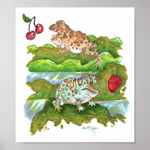 Ornate Horned Frogs Chasing Fruit Poster