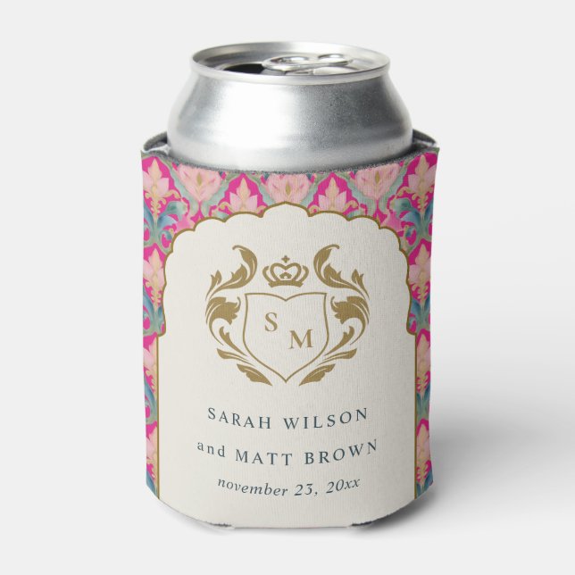 Ornate Hot Pink Gold Classy Floral Laurel Wedding Can Cooler (Can Front)
