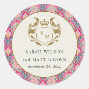 Ornate Hot Pink Gold Classy Floral Laurel Wedding Classic Round Sticker