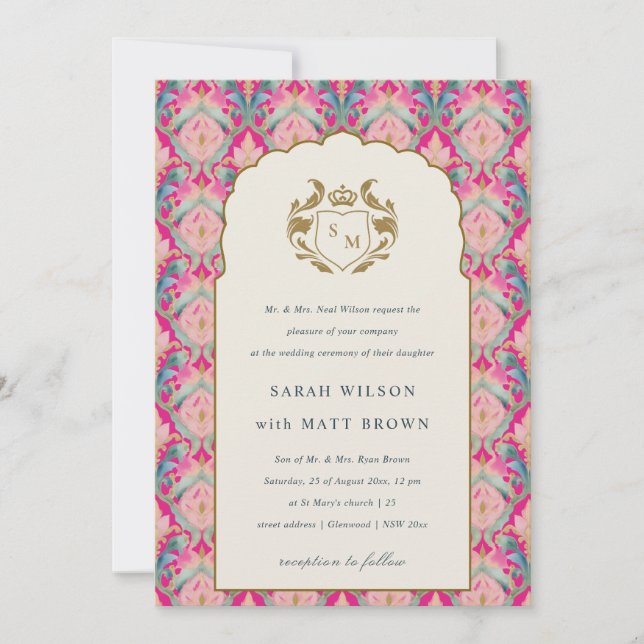 Ornate Hot Pink Gold Classy Floral Laurel Wedding Invitation (Front)