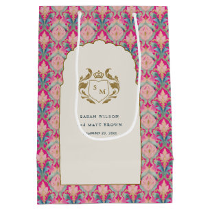 Ornate Hot Pink Gold Classy Floral Laurel Wedding Medium Gift Bag