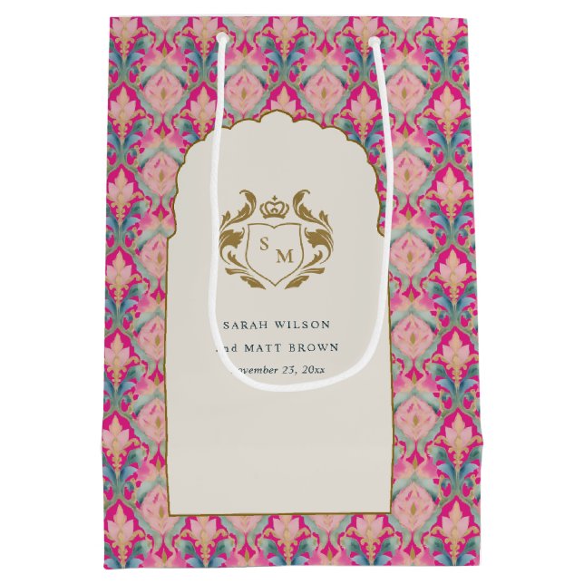 Ornate Hot Pink Gold Classy Floral Laurel Wedding Medium Gift Bag (Back)