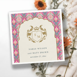 Ornate Hot Pink Gold Classy Floral Laurel Wedding Napkin