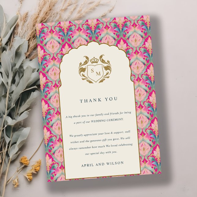 Ornate Hot Pink Gold Classy Floral Laurel Wedding Thank You Card (Creator Uploaded)