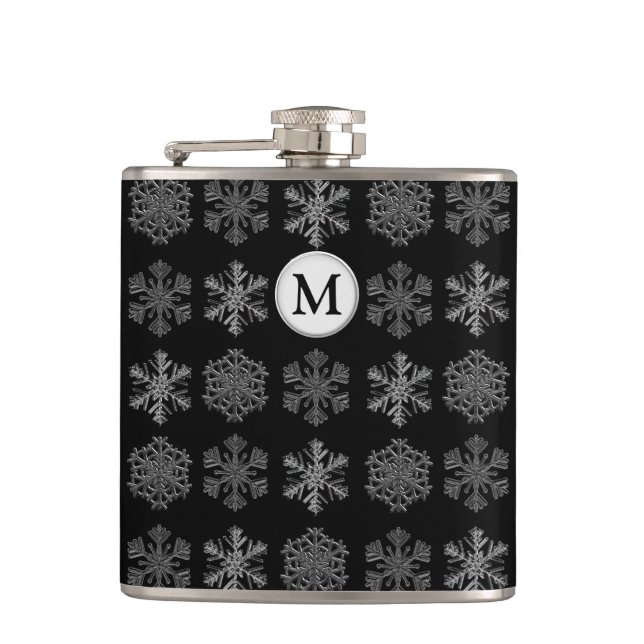 Ornate Ice Crystals Elegant Pattern Monogram Hip Flask (Front)