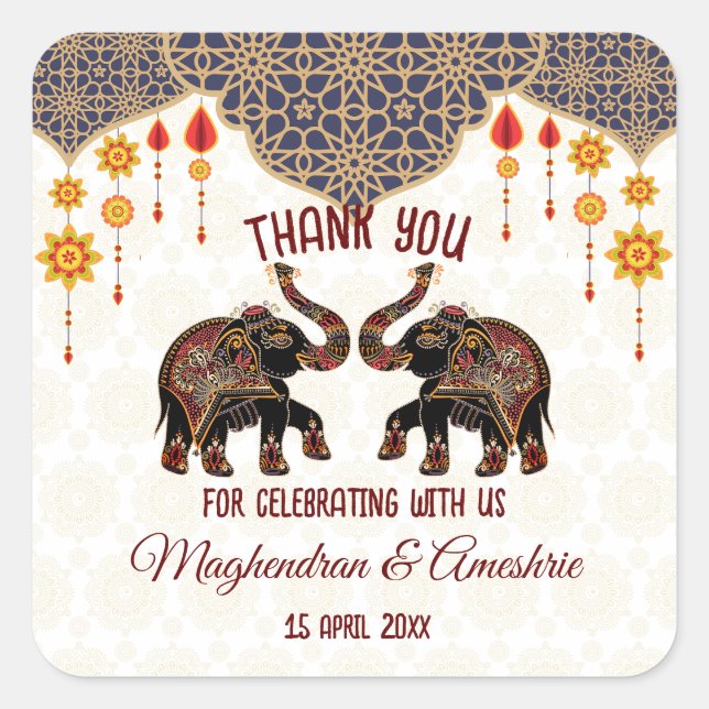 Ornate Indian elephant Indian wedding personalised Square Sticker (Front)