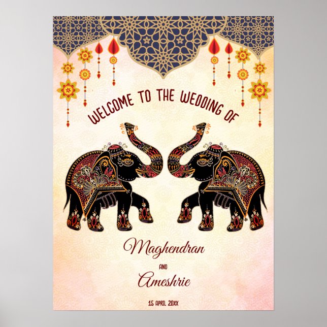 Ornate Indian elephant Indian wedding welcome sign (Front)