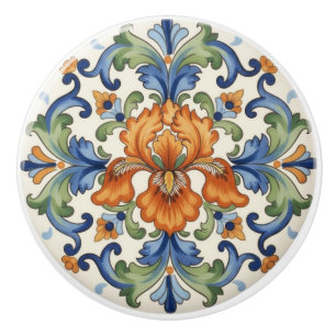 Ornate Iris Flower Blue Orange Green Floral Ceramic Knob