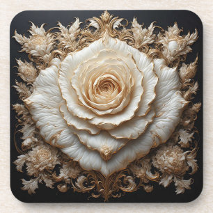 Ornate Ivory Floral Design with White Rose Coaster
