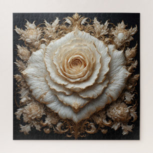 Ornate Ivory Floral Design with White Rose Jigsaw Puzzle
