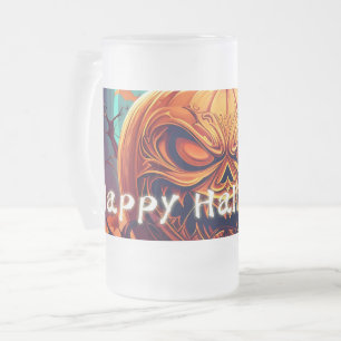 Ornate Jack-o-Lantern Twisted Branch Halloween Frosted Glass Beer Mug