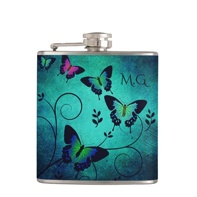 Ornate Jewel Butterflies Hip Flask (Front)