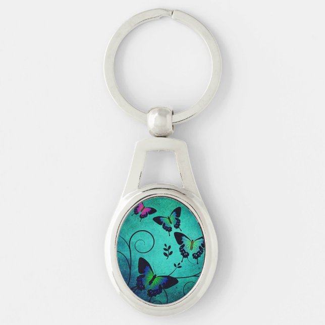 Ornate Jewel Butterflies Teal Key Ring (Front)