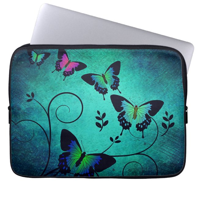 Ornate Jewel Butterflies Teal Laptop Sleeve (Front)
