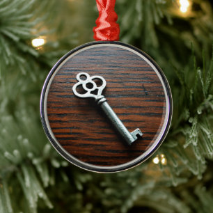 Ornate Key on Wooden Box Metal Tree Decoration