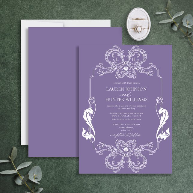 Ornate Lavender Floral Line Art Monogram Wedding Invitation (Creator Uploaded)