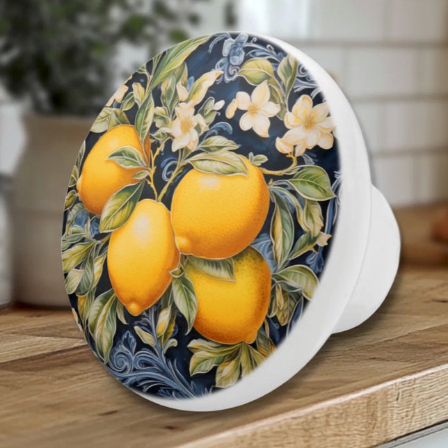 Ornate Lemons - Navy Ceramic Knob (Ornate Mediterranean Lemons on Navy - Italian Style Ceramic Knob)