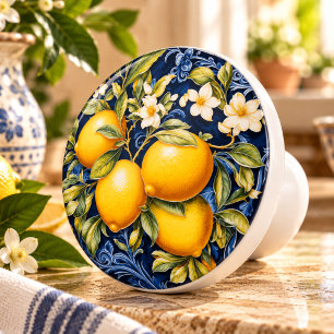 Ornate Lemons - Navy Ceramic Knob