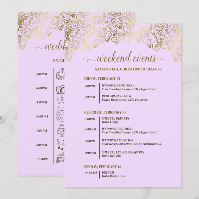 Ornate Lilac & Gold Wedding Events & Timeline Programme (Front/Back)