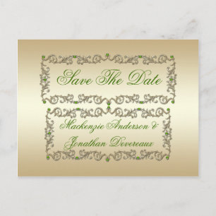 Ornate Lime Green Gems Gold Swirls Save The Date Announcement Postcard