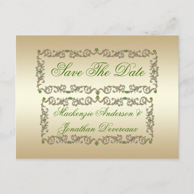 Ornate Lime Green Gems Gold Swirls Save The Date Announcement Postcard (Front)