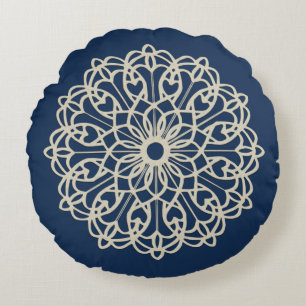 Ornate Mandala Dark Blue Round Cushion