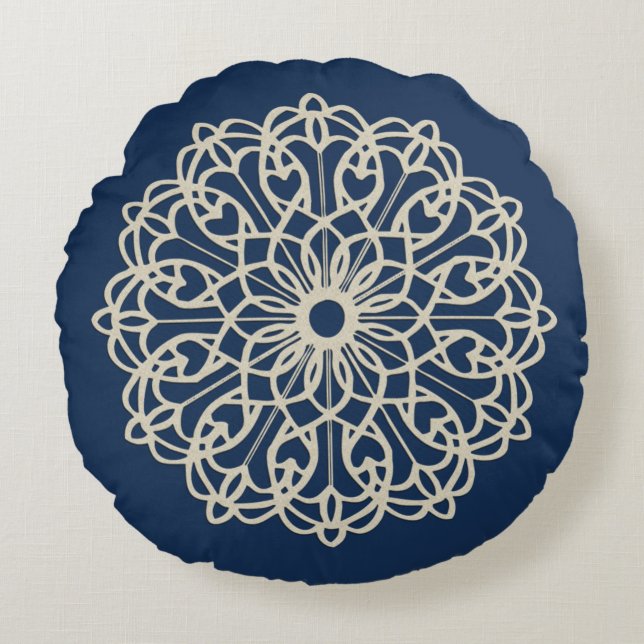 Ornate Mandala Dark Blue Round Cushion (Front)