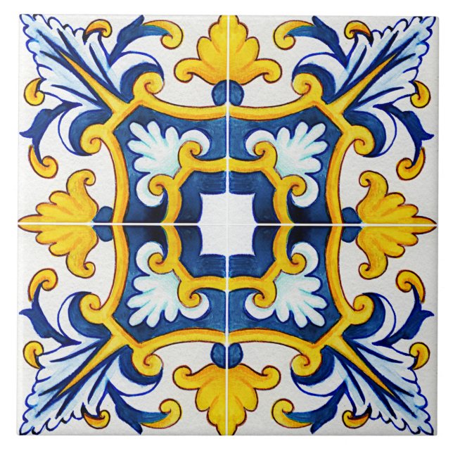 Ornate Mediterranean Blue And Yellow Tile (Front)