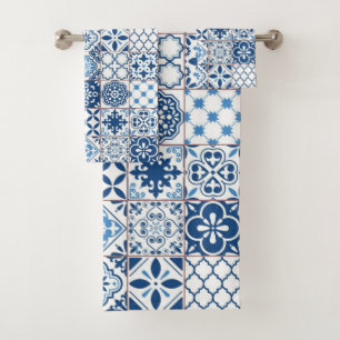 Ornate Mediterranean Indigo Blue Azulejo Mosaic Bath Towel Set