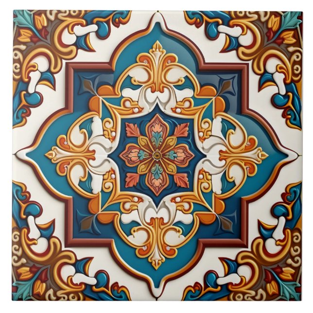 Ornate Mediterranean Teal Blue Brown Tile (Front)