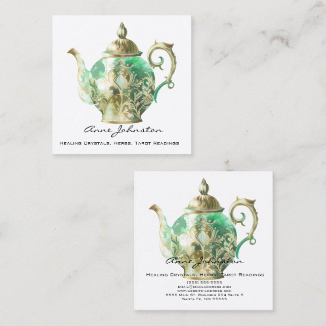 Ornate Mint Green Teapot Square Business Card (Front/Back)