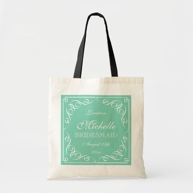 Ornate mint wedding tote bags for bridal party (Front)