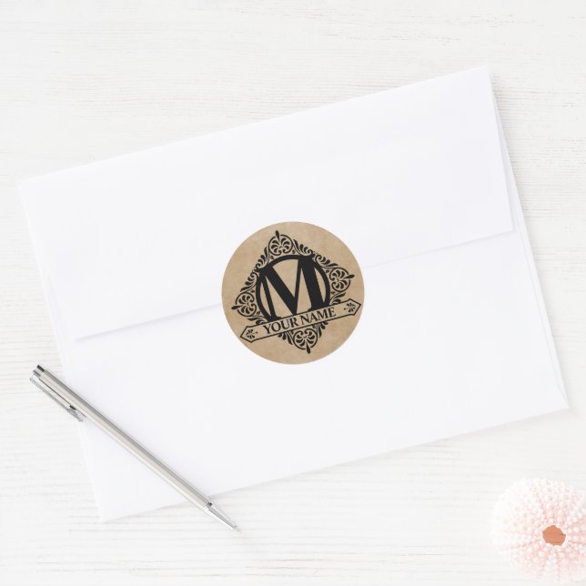 Ornate Monogram Design Classic Round Sticker (Envelope)