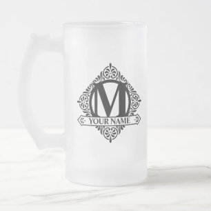 Ornate Monogram Design Frosted Glass Beer Mug