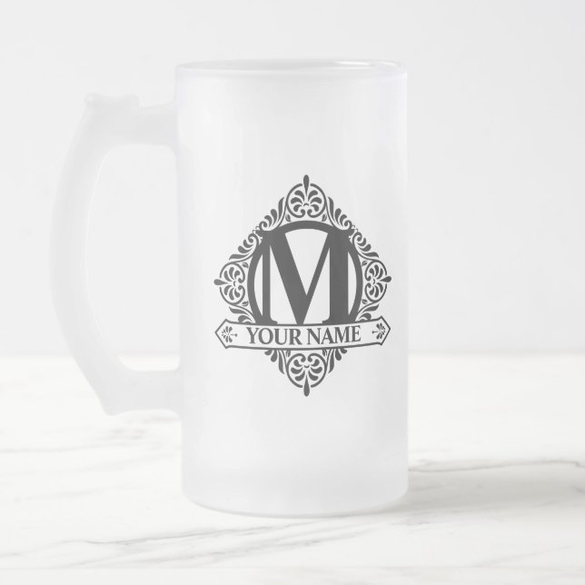 Ornate Monogram Design Frosted Glass Beer Mug (Left)