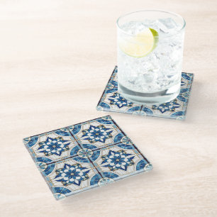 Ornate Moroccan Tile Pattern#4 Blue White ID1078 Glass Coaster