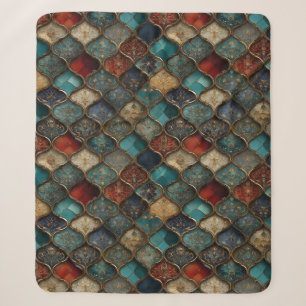 Ornate Moroccan Tiles in Jewel Tones and Gold Sherpa Blanket