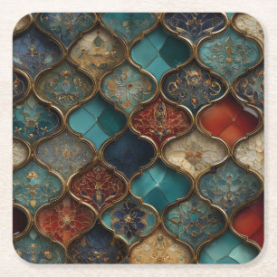 Ornate Moroccan Tiles in Jewel Tones and Gold Square Paper Coaster