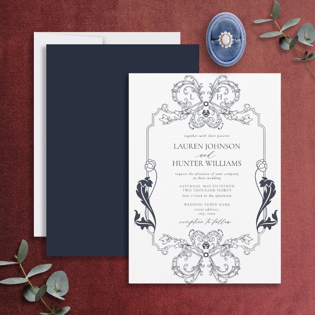 Ornate Navy Blue Floral Line Art Monogram Wedding Invitation (Creator Uploaded)