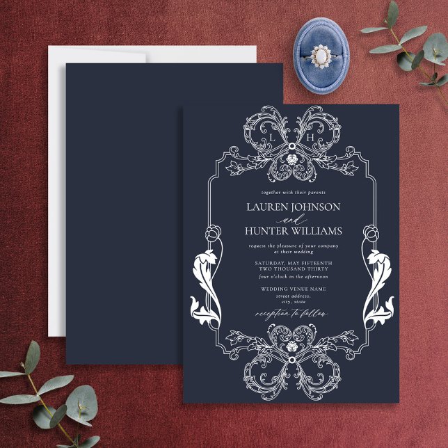 Ornate Navy Blue Floral Line Art Monogram Wedding Invitation (Creator Uploaded)