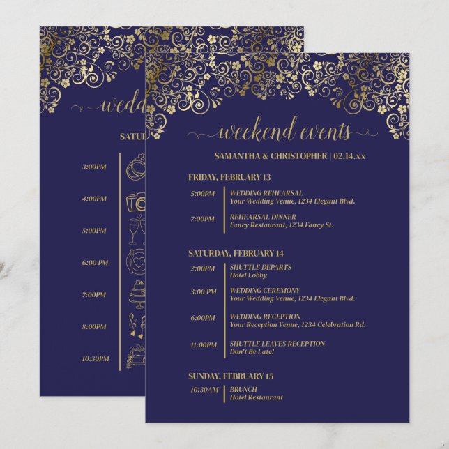 Ornate Navy Blue & Gold Wedding Events & Timeline Programme (Front/Back)