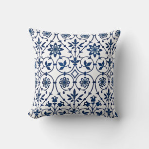 Ornate navy blue on white pattern cushion