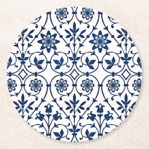 Ornate navy blue on white pattern round paper coaster