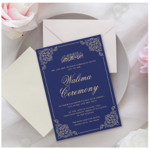 Ornate Navy Blue Walima Islamic Muslim Wedding Invitation