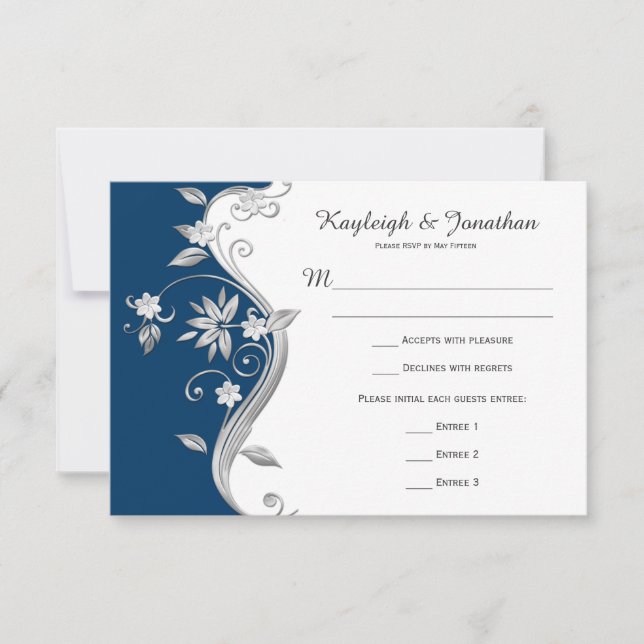 Ornate Navy Blue White Silver Flowers RSVP (Front)