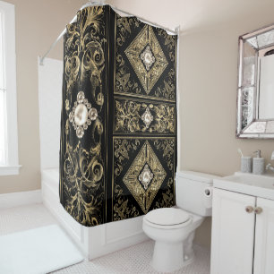Ornate Opulence   Black and Gold Jewelled Emblem Shower Curtain